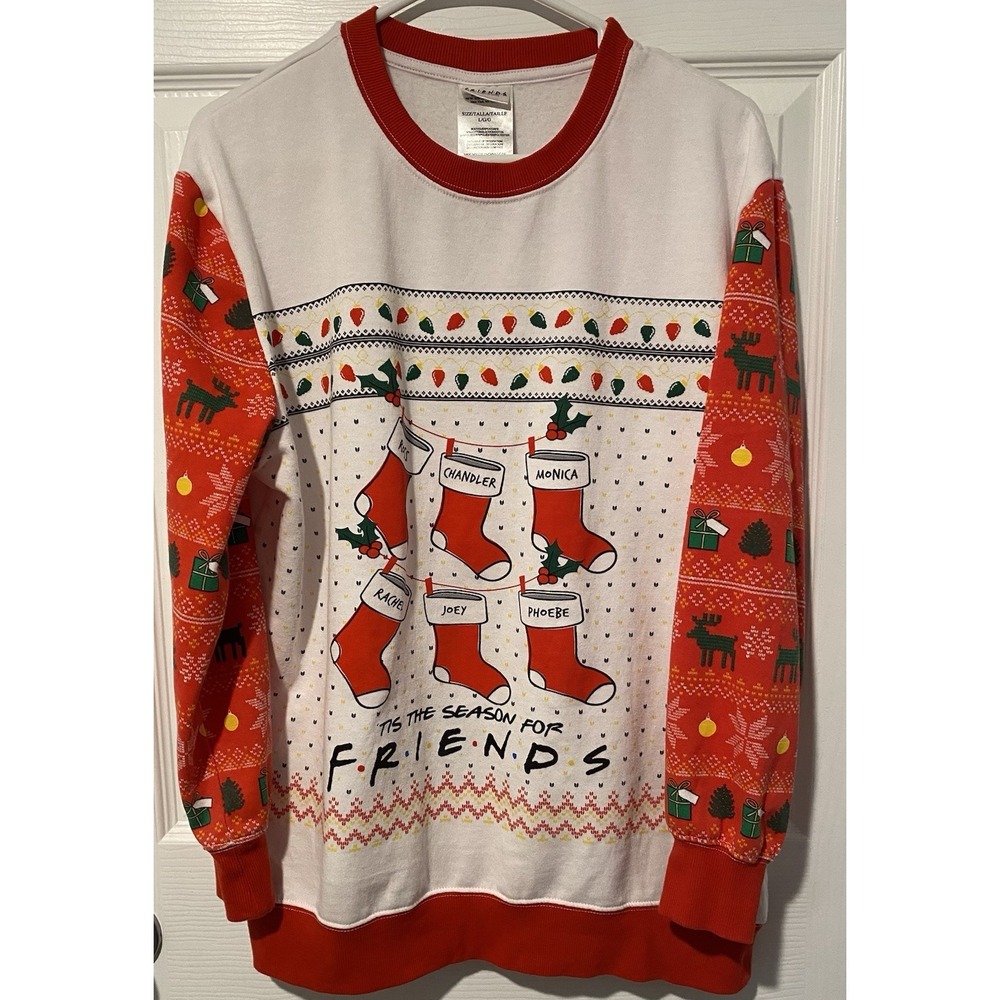 Friends L White/Red/Green Crew Neck Christmas Graphic Sweatshirt, Ugly Sweater